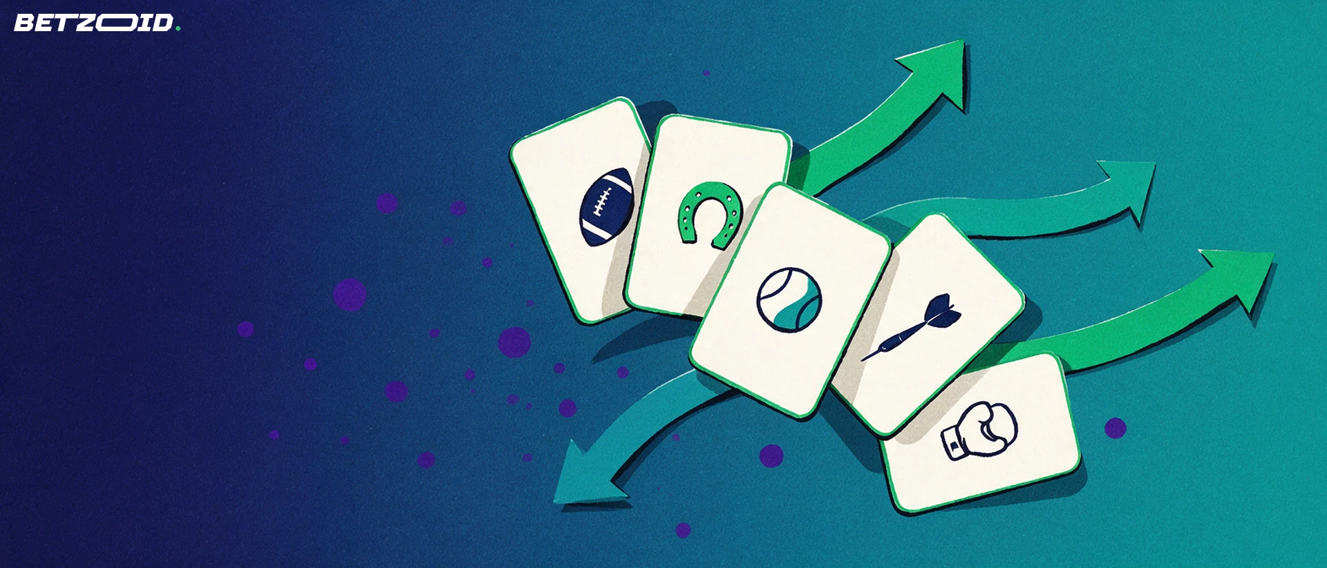 Illustration of a fanned spread of betting slips marked with football, horseshoe, tennis, darts and boxing symbols, with rising and falling arrows behind them.