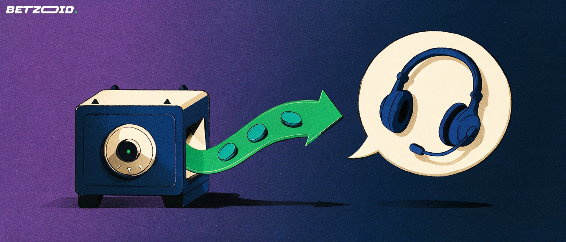 Illustration of a strongbox with an open chute sending tokens along a green arrow toward a speech bubble containing a support headset.