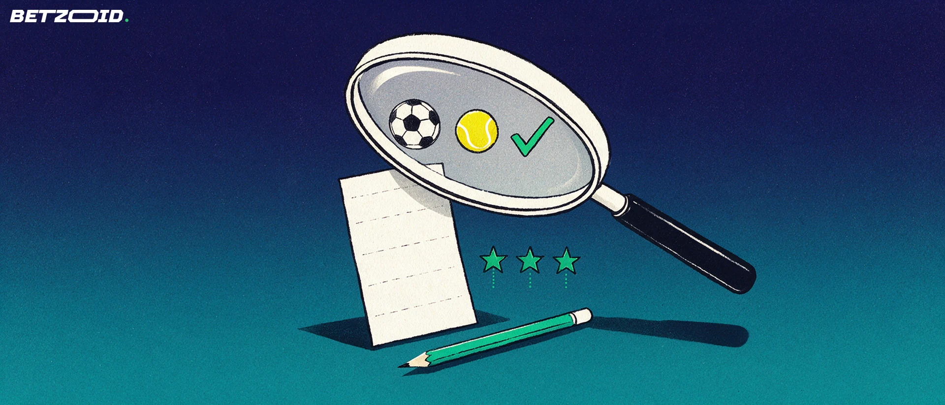 Illustrasjon av et forstørrelsesglass som gransker en tippekupong med fotball, tennisball og hake, ved siden av tre stjerner.