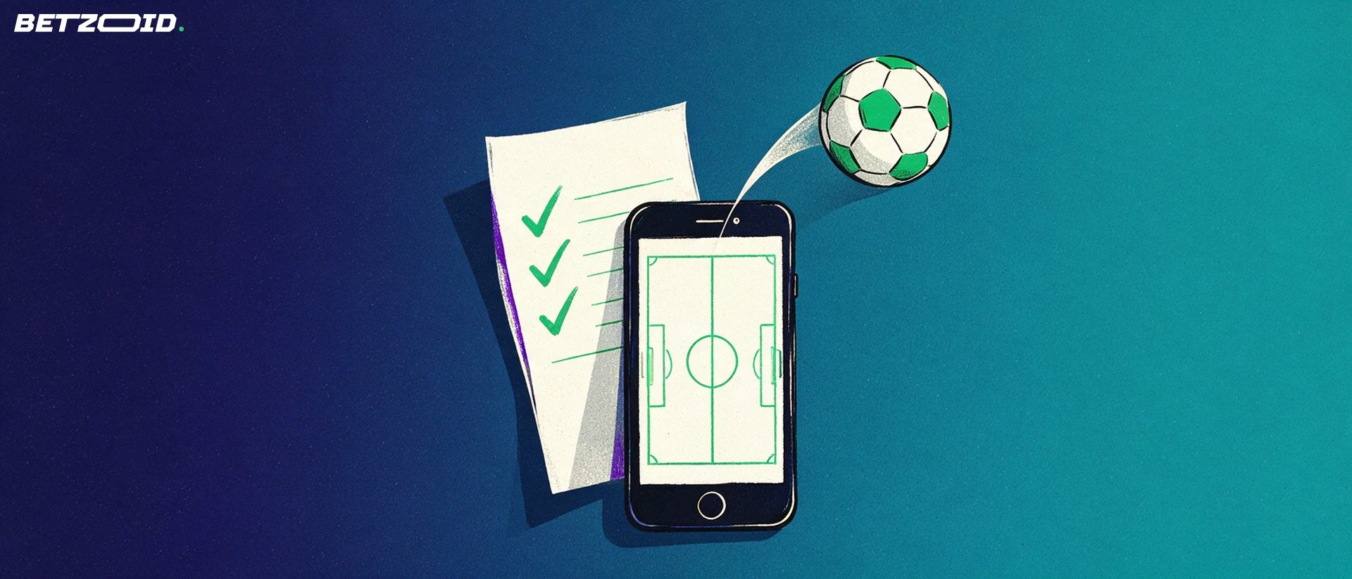Illustrasjon av en mobiltelefon med fotballbane på skjermen og en fotball som spretter ut, med en tippekupong med avkrysninger bak.