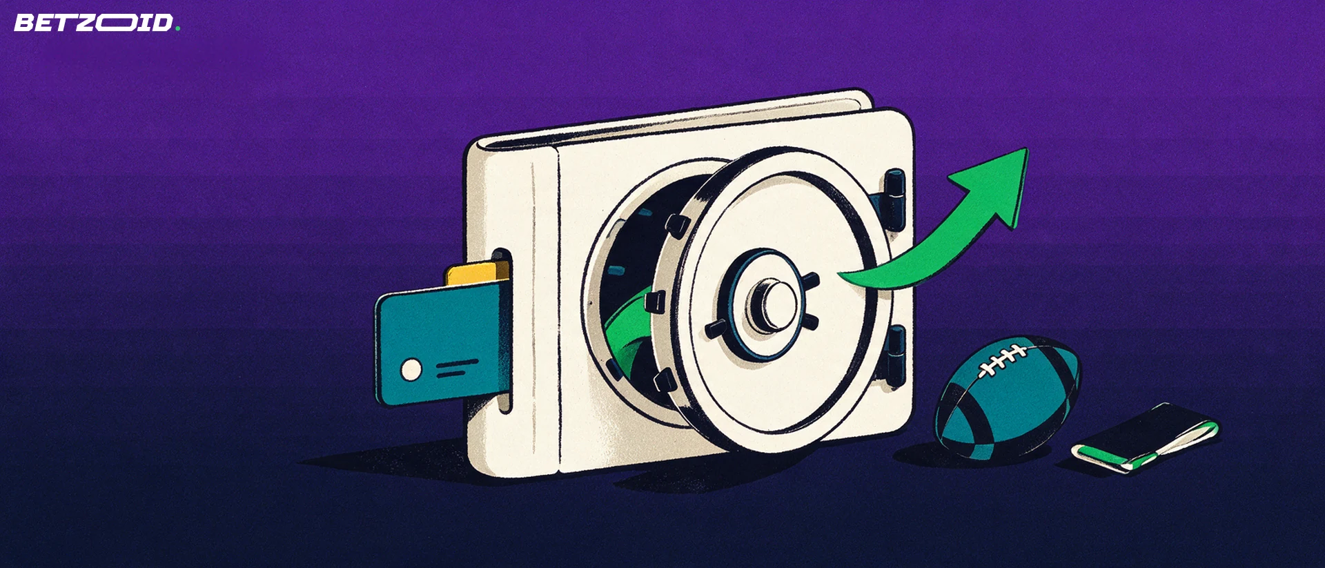 Ilustrație cu un portofel-seif, un card bancar, o minge de fotbal și o săgeată verde care indică retragerea banilor.