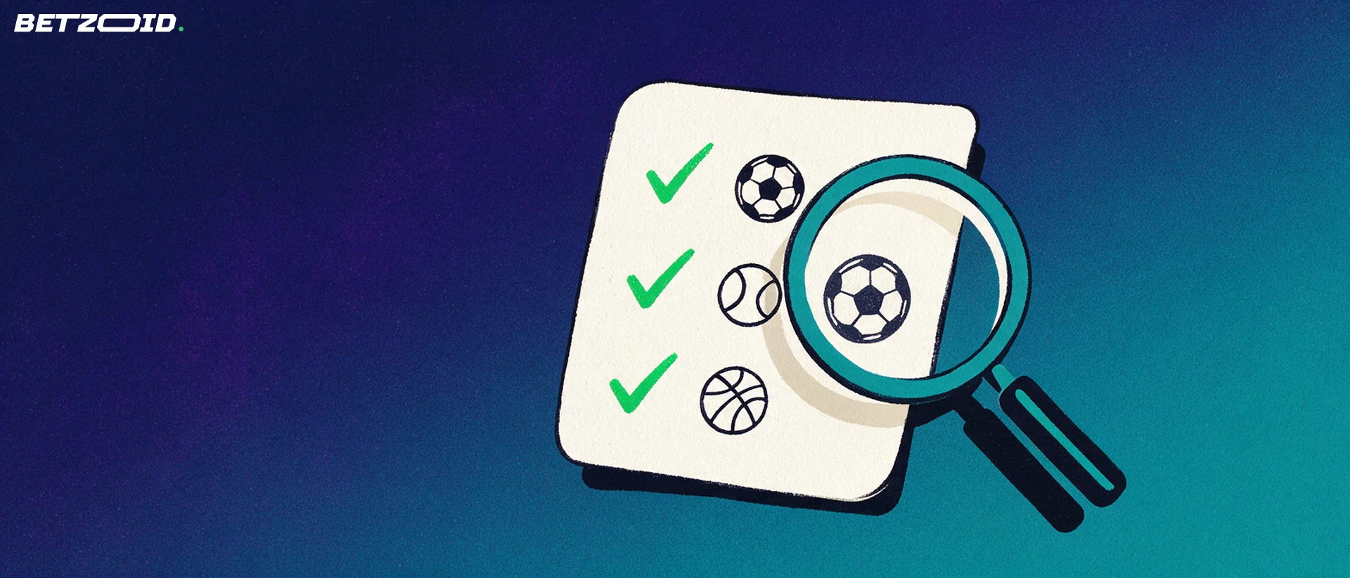 Ilustrație cu un bilet mare de pariuri sportive bifat și o lupă care mărește un rând cu simboluri de fotbal, tenis și baschet