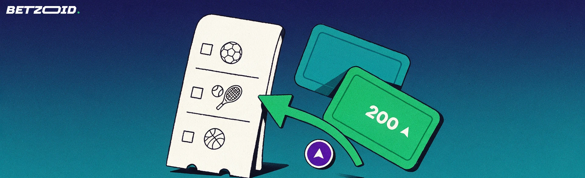Illustration eines aufrechten Wettscheins mit Symbolen fĂŒr Fussball, Tennis und Basketball, dahinter zwei Wettkarten und ein grĂŒner Pfeil.