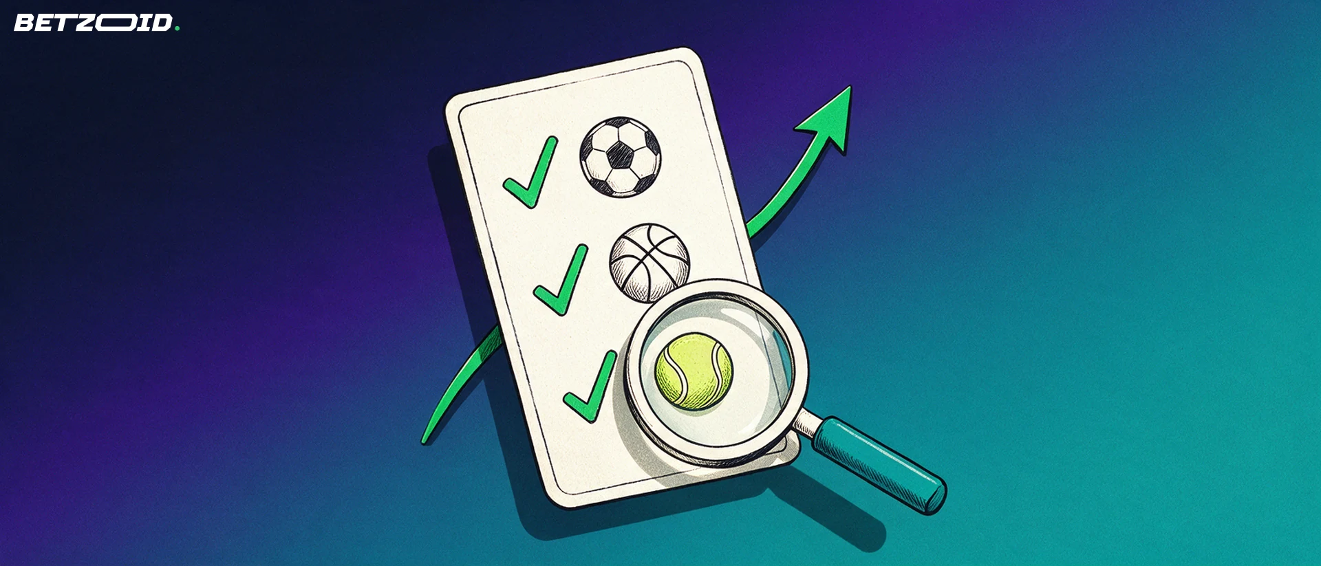 Illustration eines Wettscheins mit Fussball-, Basketball- und Tennissymbolen, davor eine grosse Lupe und ein aufsteigender Pfeil.