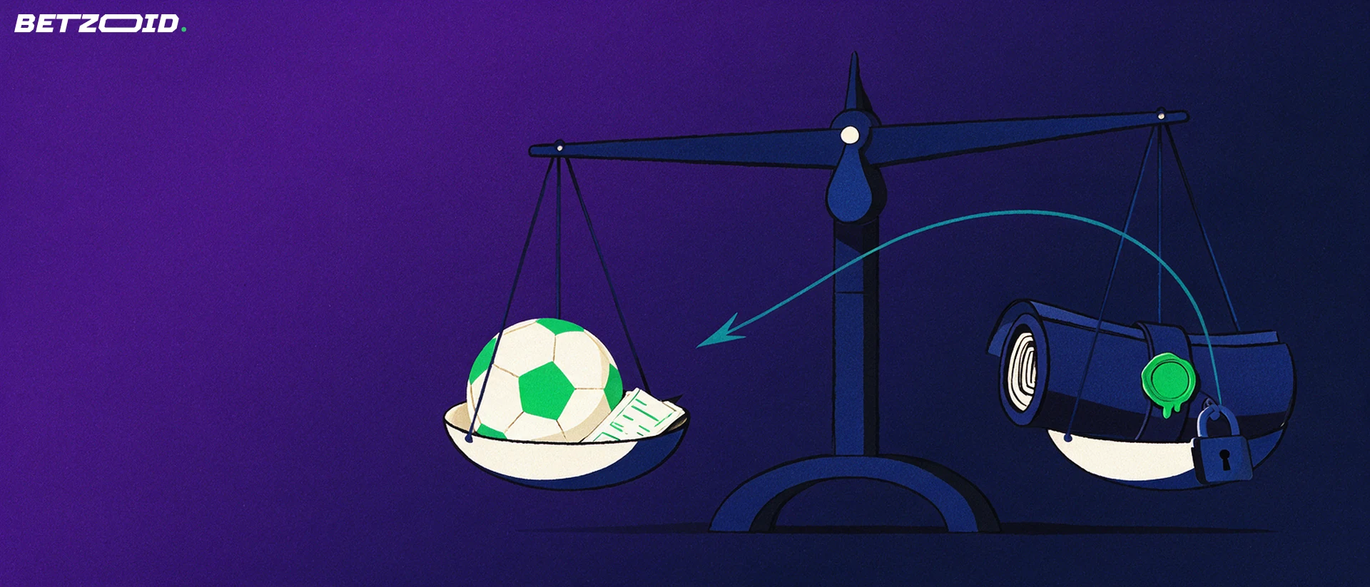 Illustration einer Waage: links ein Fussball mit Wettschein, rechts ein versiegeltes Regelwerk mit Schloss, dazu ein gebogener Pfeil.
