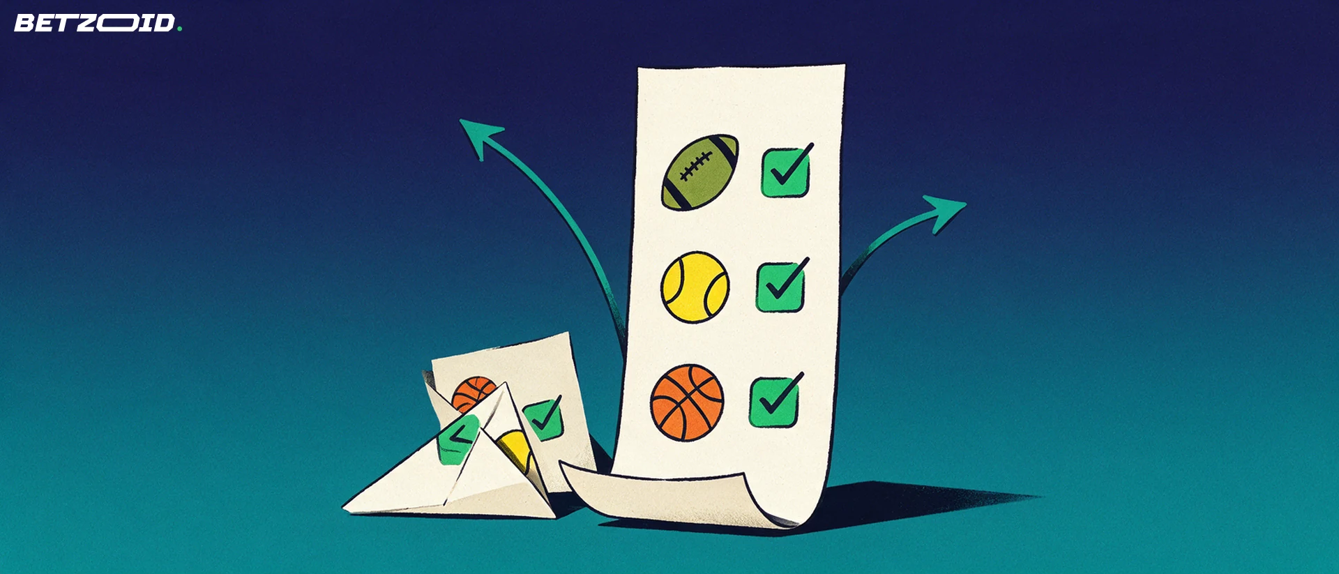 Illustration eines grossen Wettscheins mit Fussball-, Tennis- und Basketballsymbolen und Haken, dahinter geschwungene Pfeile.
