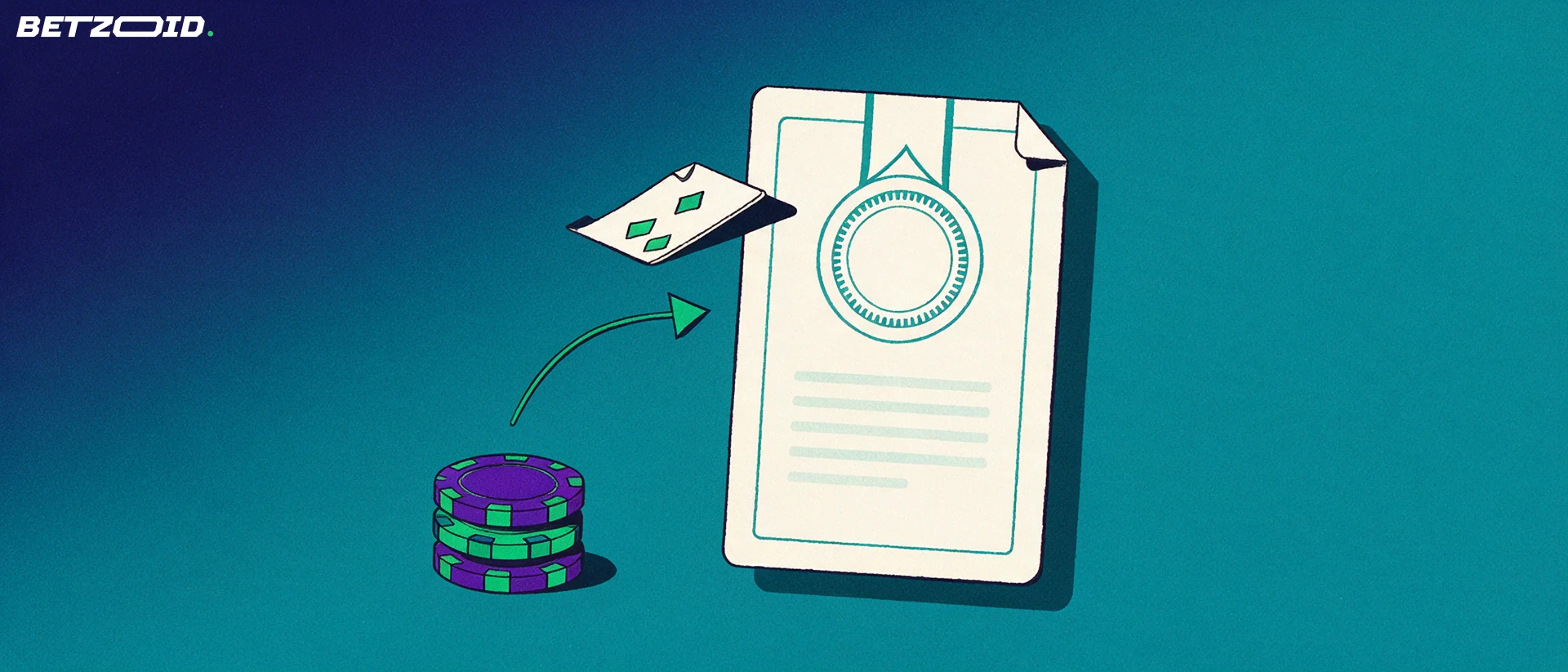Ilustração de um certificado de licença com selo circular vazio, enquanto fichas de cassino e uma carta de baralho passam ao lado por uma seta curva.