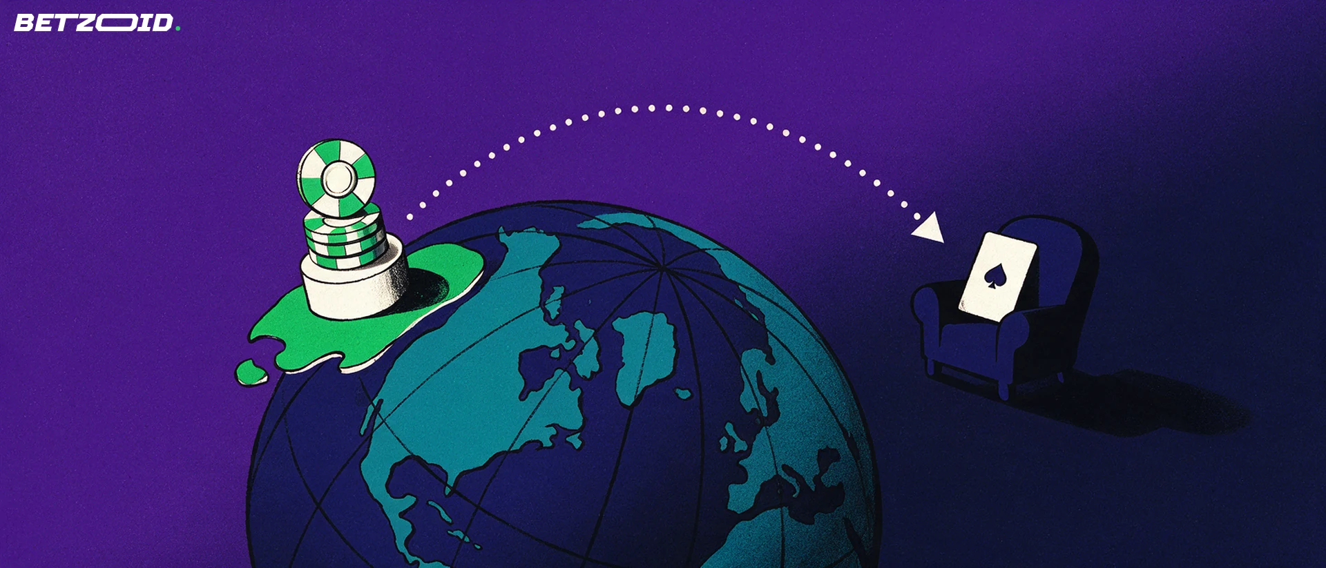 Ilustração de um globo com uma pequena plataforma insular de fichas de cassino e uma seta pontilhada que cruza o planeta até uma poltrona com uma carta de baralho.
