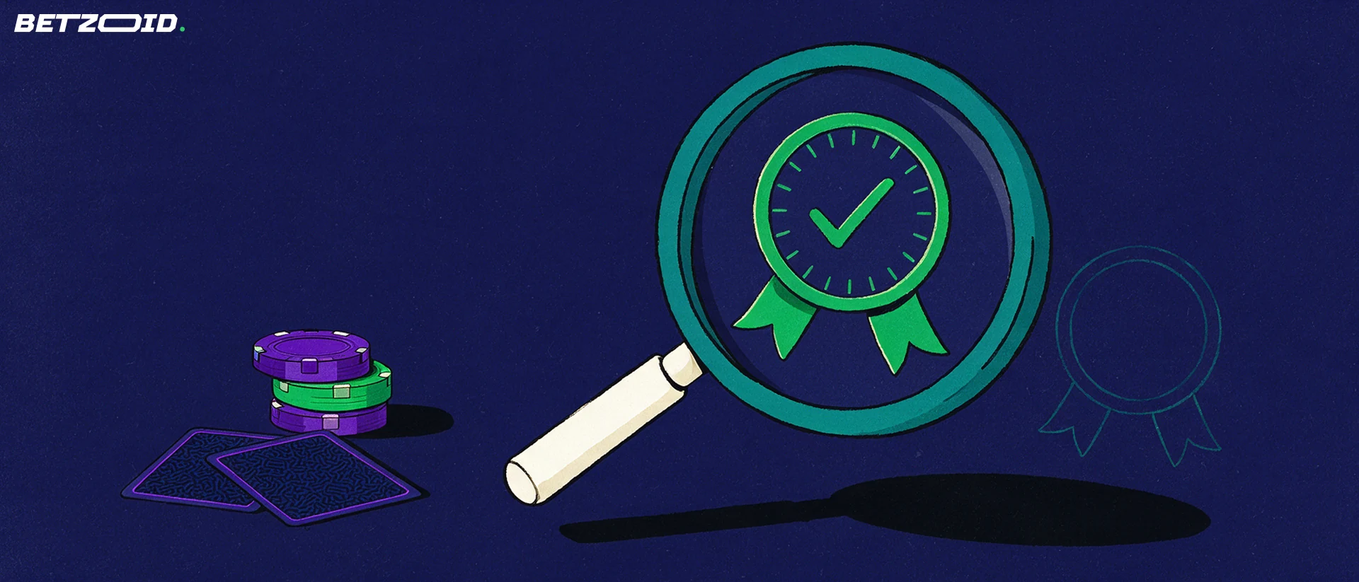 Ilustração de uma lupa a ampliar um selo de certificação sobre fichas de casino e cartas viradas para baixo.
