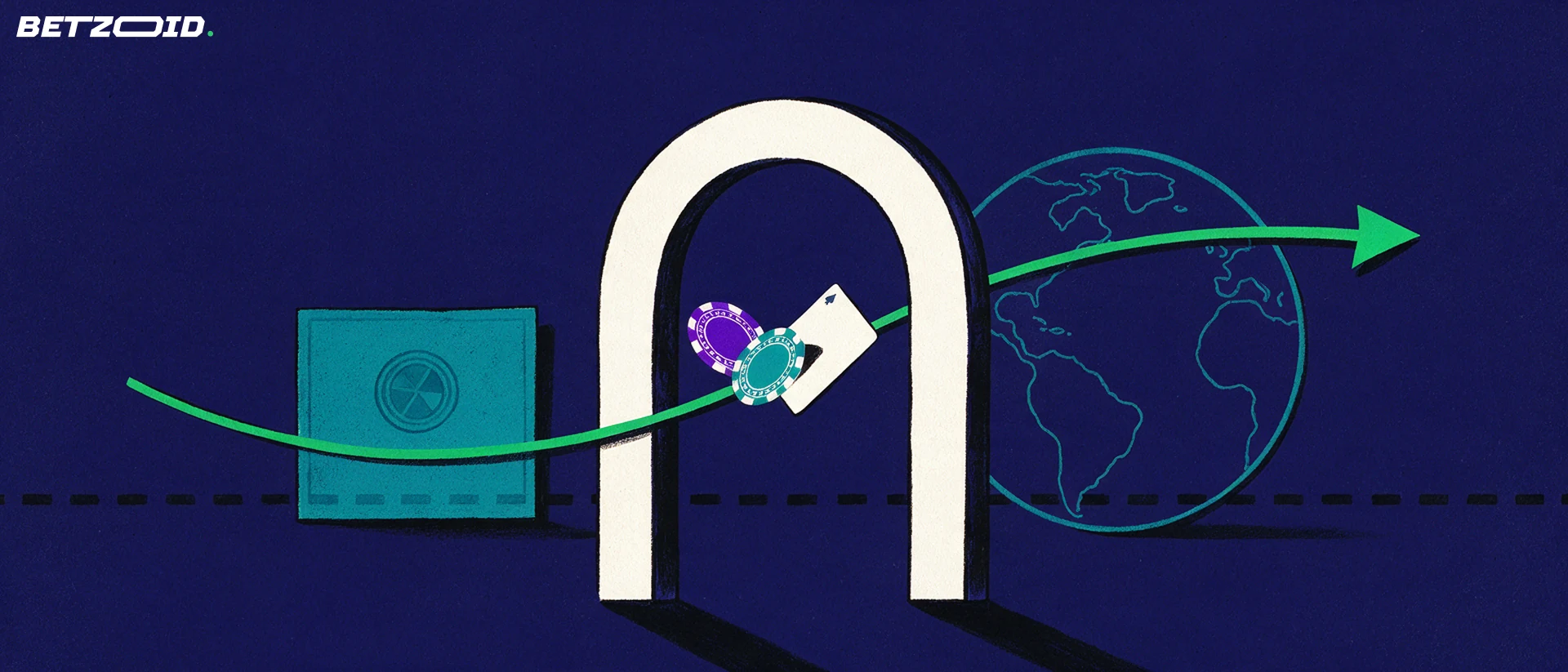 Ilustração de fichas de casino a atravessar um arco sobre uma linha tracejada, passando de um selo oficial para um globo simples.