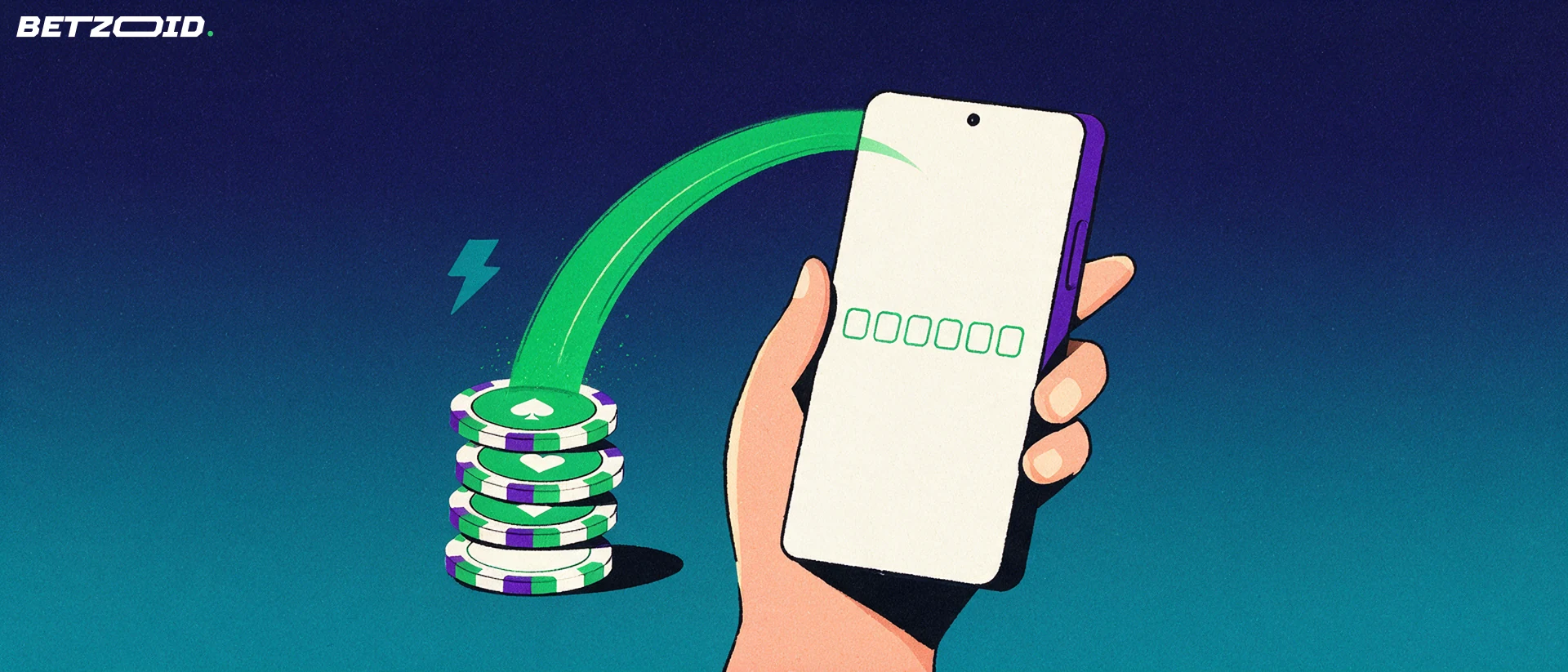 Ilustracja: smartfon z sześcioma pustymi polami kodu, z którego zielona wstęga prowadzi do stosu żetonów kasynowych.
