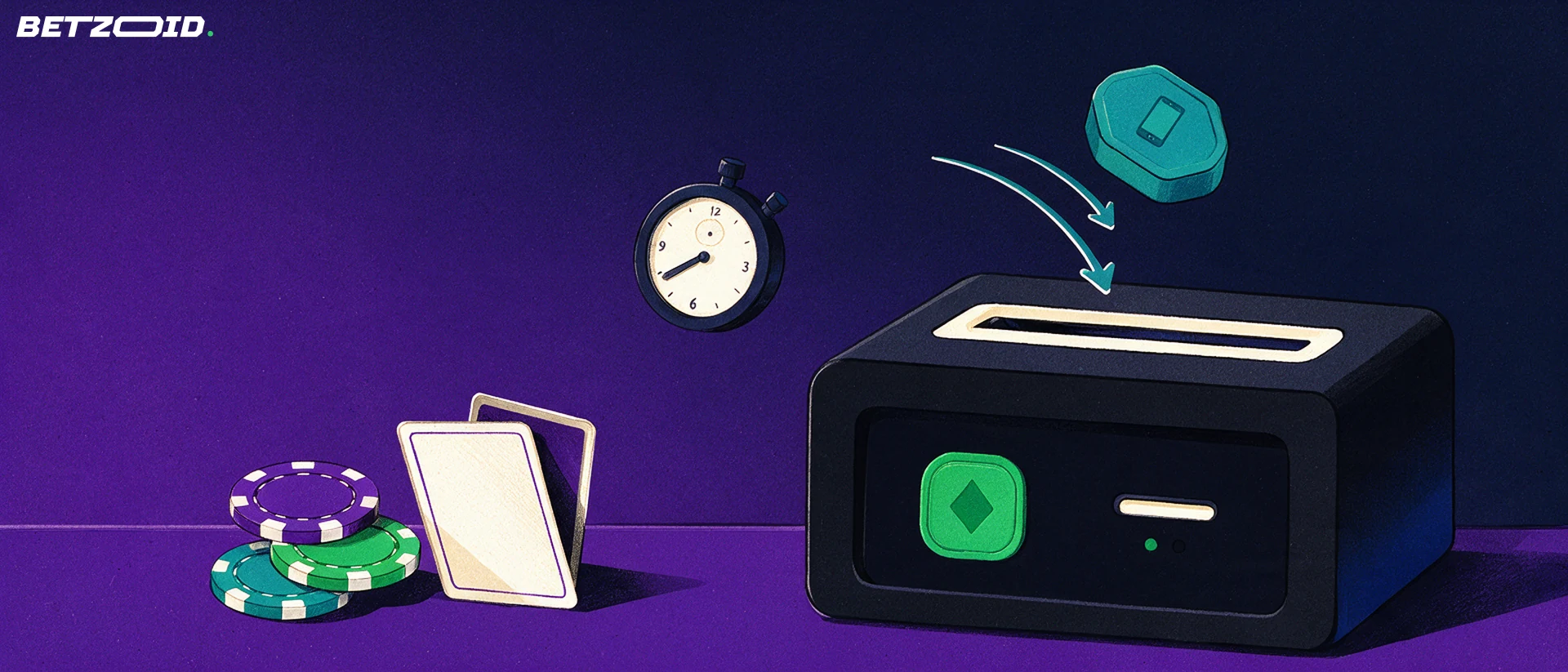 Ilustracja: żeton z symbolem telefonu wpada do kasjerskiego automatu depozytowego obok żetonów i kart do gry.