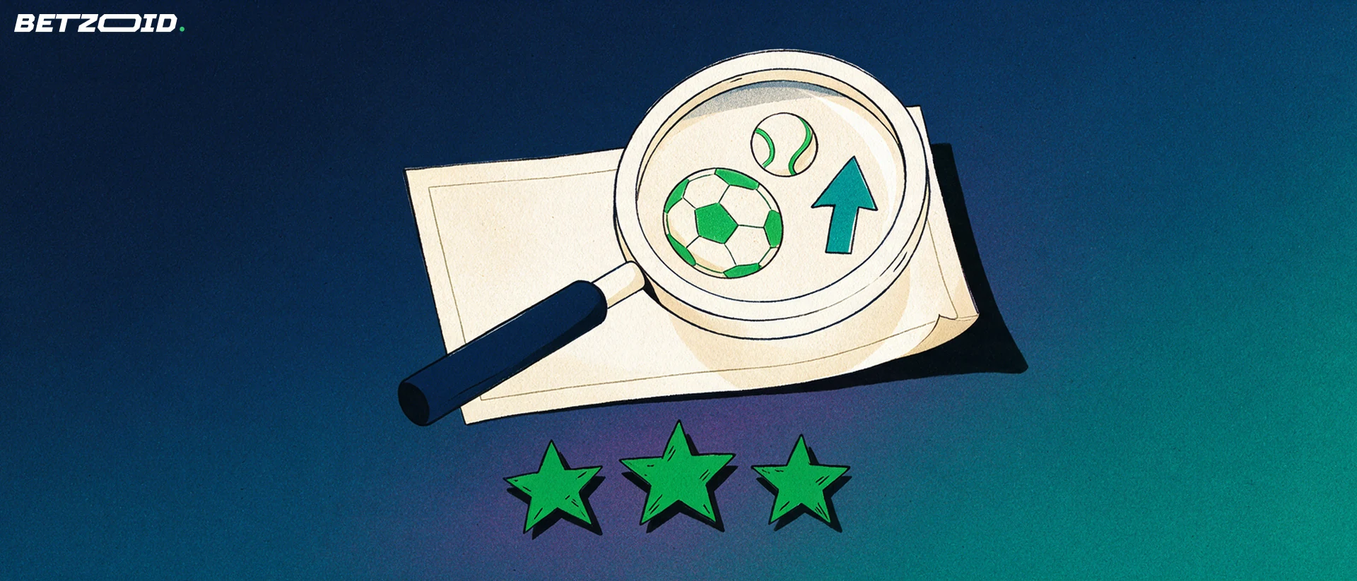 Illustration of a large magnifying glass examining a betting slip with football and tennis symbols above three rating stars