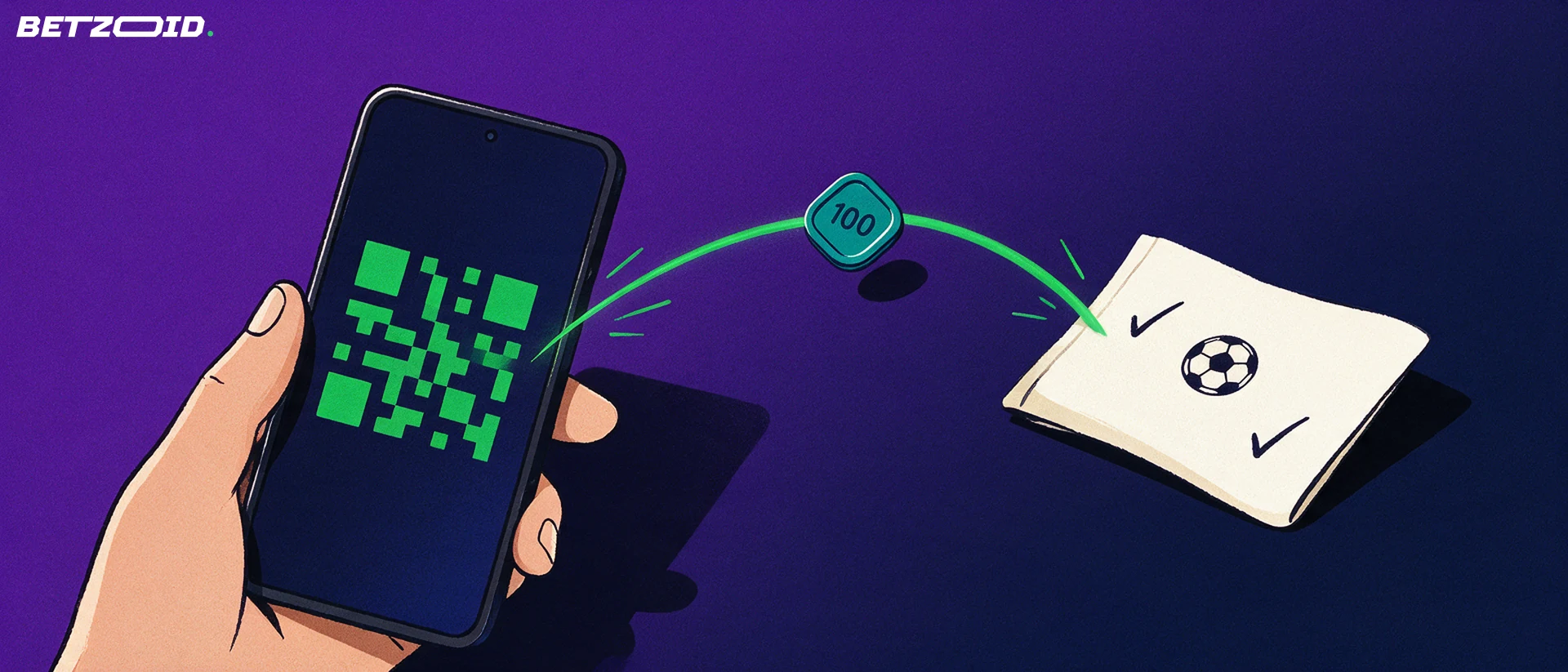 Illustrazione di uno smartphone con codice da scansionare che invia un pagamento verso una schedina con pallone da calcio