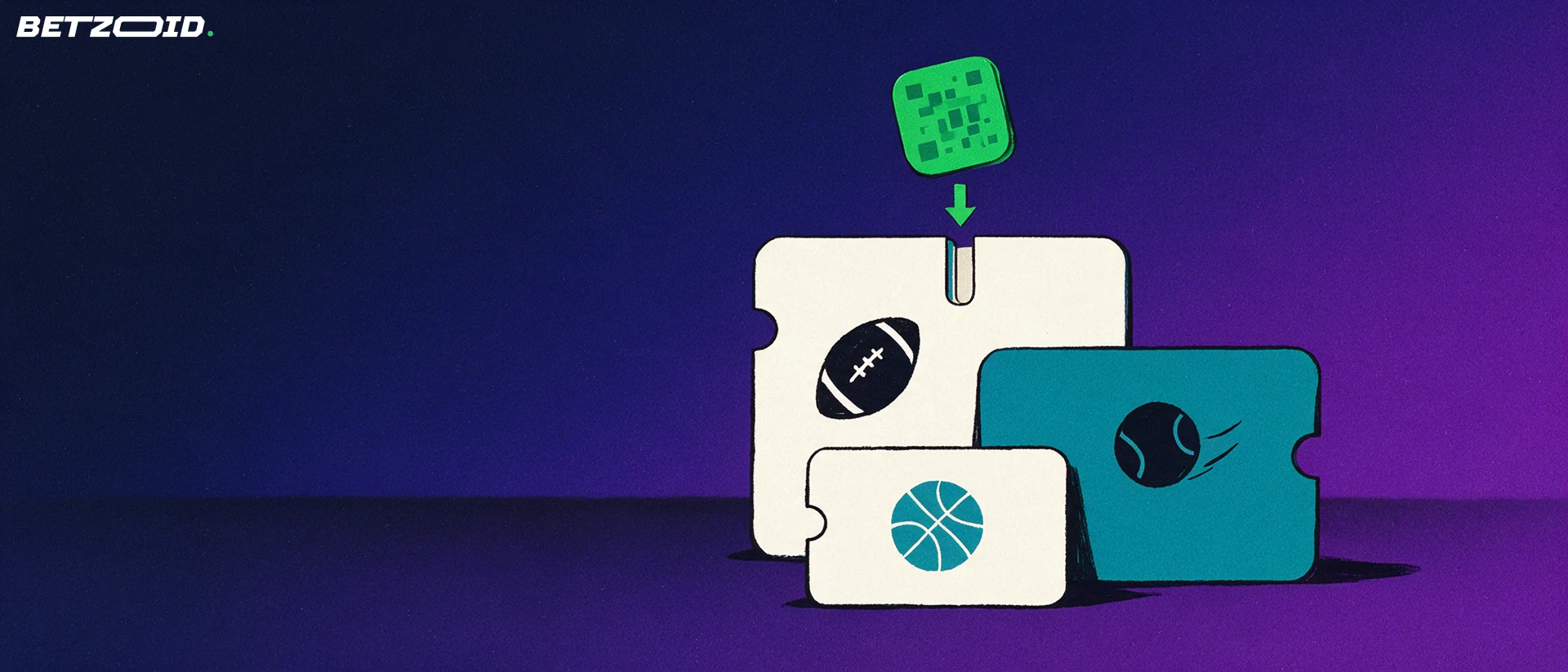 Illustrazione di un podio di schede con simboli sportivi e un token di pagamento mobile che entra nella scheda più alta