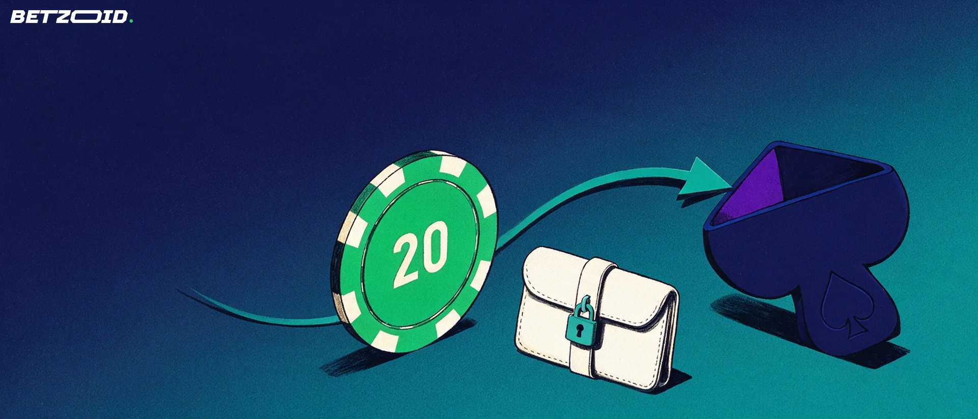 Ilustração de uma ficha de cassino com o número 20 seguindo uma seta até uma bandeja de conta, ao lado de uma carteira fechada com cadeado.
