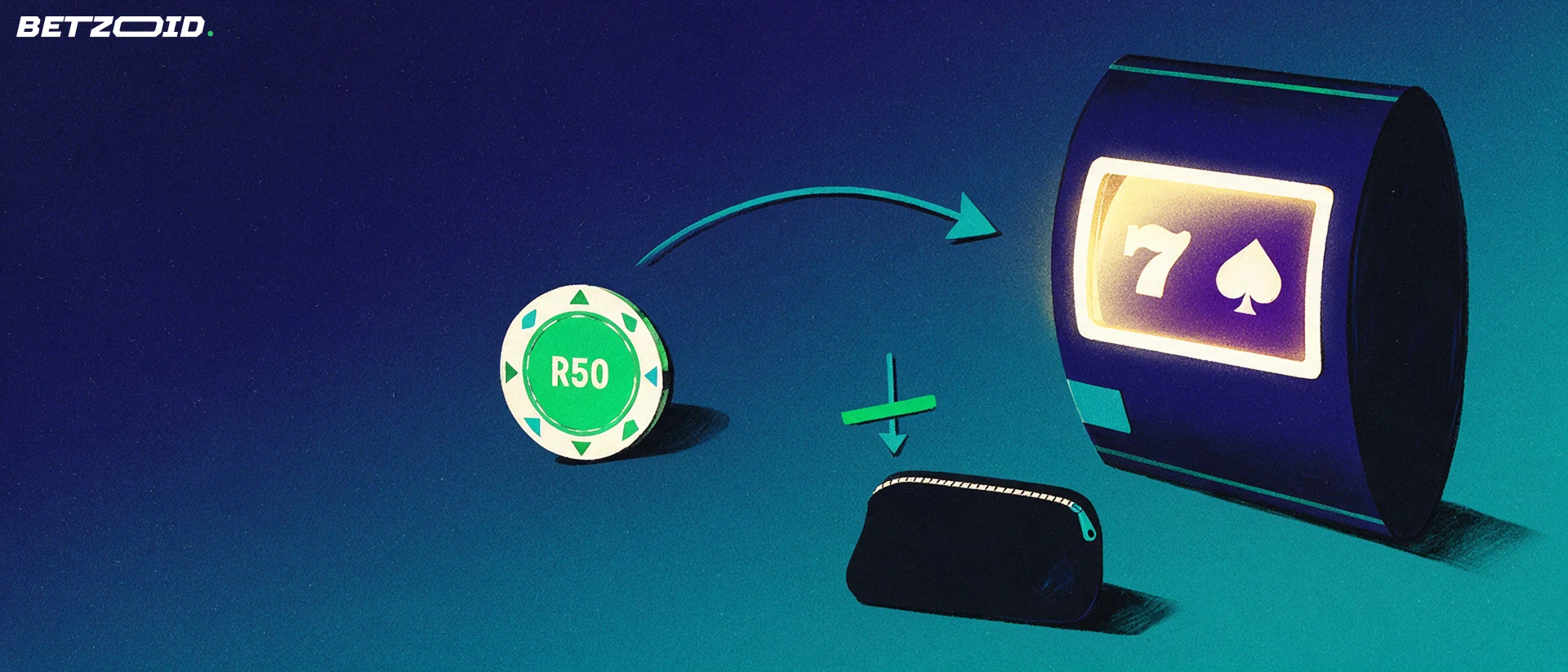 Illustration of a green casino chip marked R50 travelling into a slot machine reel while a downward payment arrow toward a closed purse is blocked.