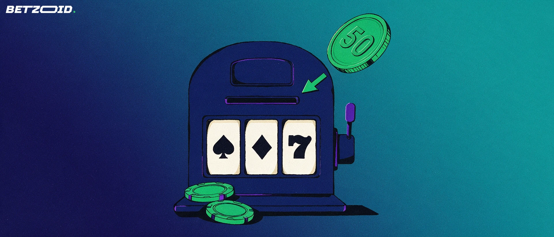 Ilustración de una moneda con el número 50 entrando en la ranura de una máquina tragamonedas con tres símbolos sencillos