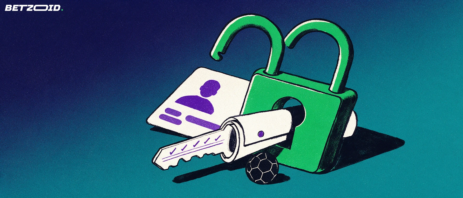 Ilustração de um cadeado verde aberto sendo destravado por um bilhete de aposta em forma de chave, com um cartão de identidade deixado de lado.