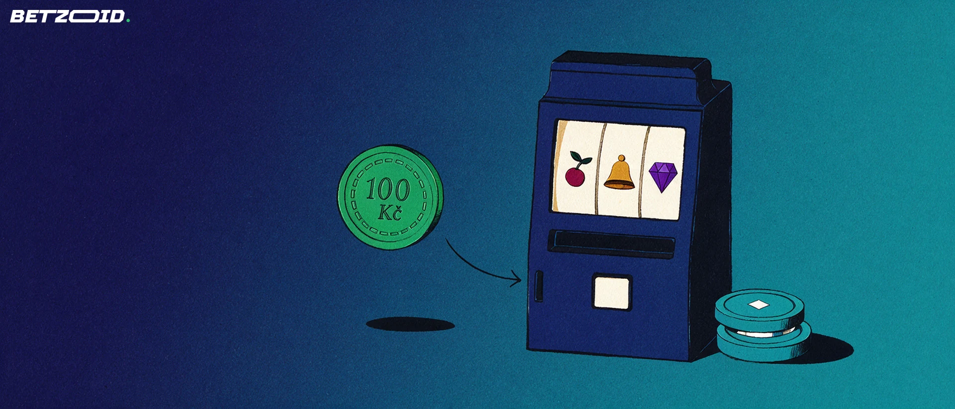 Ilustrace hracího automatu s žetonem s označením 100 Kč, který míří šipkou do otvoru na vhoz