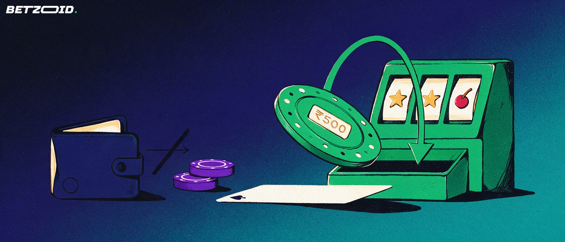 Illustration of a casino chip marked 500 rupees sliding into a slot machine tray while a closed wallet beside it shows a blocked payment arrow.