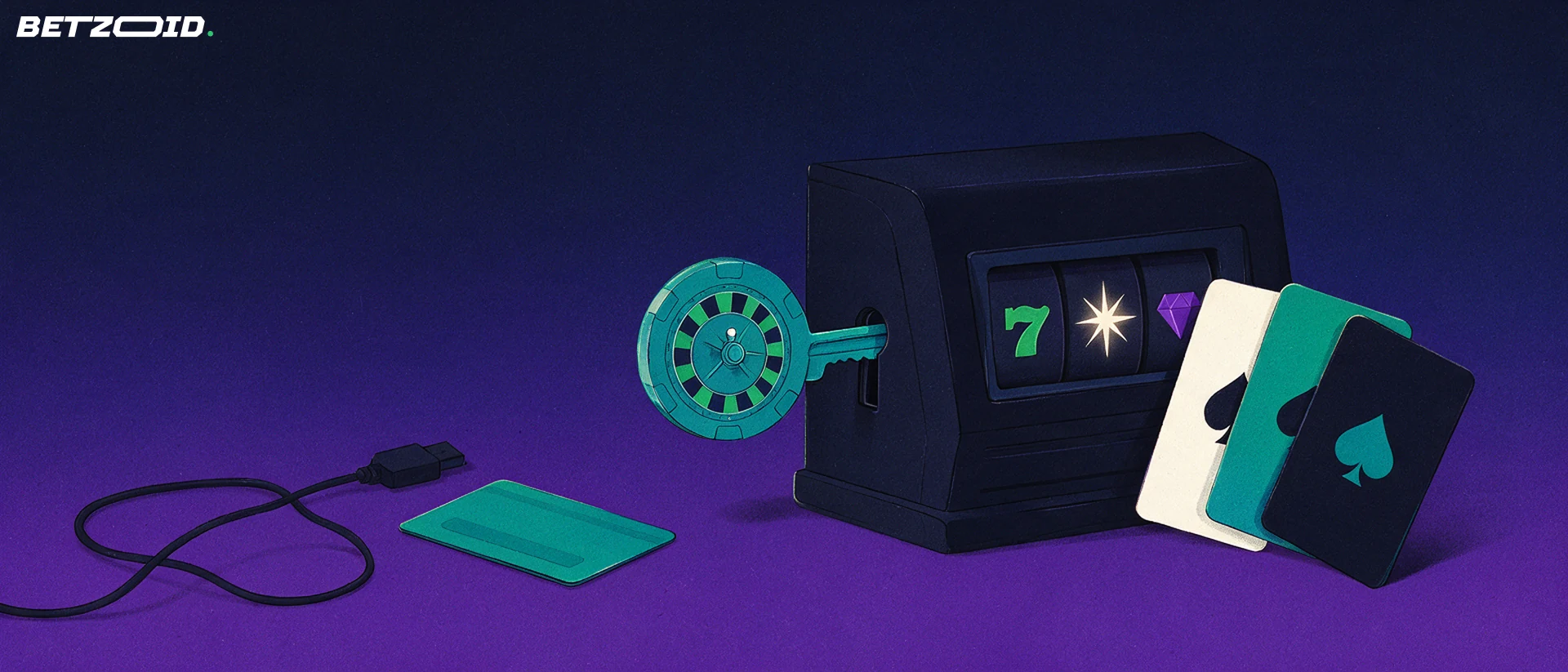 Illustration of a chip-shaped key unlocking a slot reel showing game symbols, with a face-down bank card and a disconnected cable nearby.