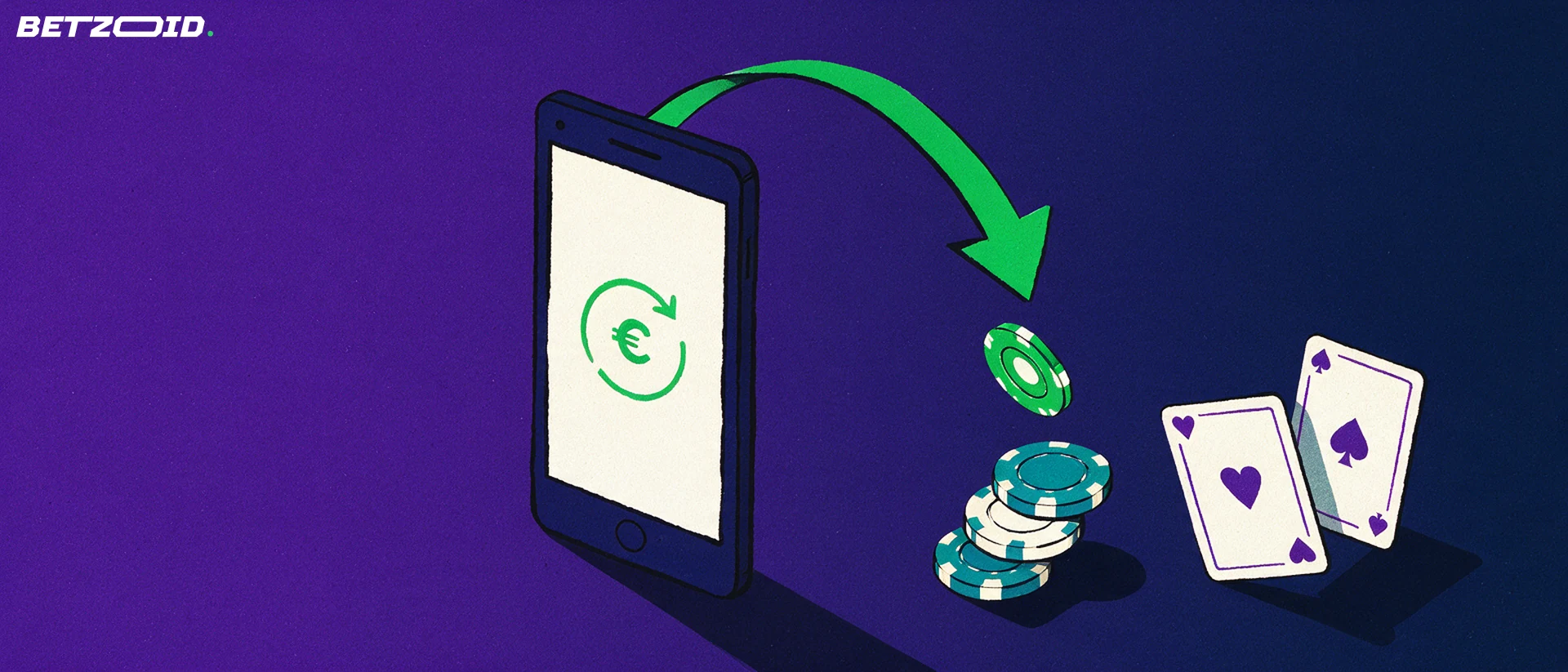 Ilustración de un teléfono móvil que envía un pago instantáneo en forma de flecha verde hacia una pila de fichas de casino junto a dos cartas.
