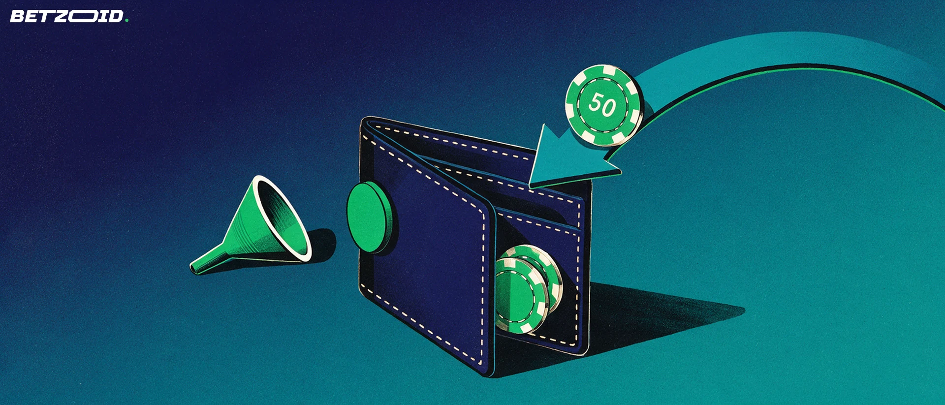 Ilustración de una cartera abierta con la ranura de depósito sellada mientras una ficha de casino con el número 50 cae dentro siguiendo una flecha.