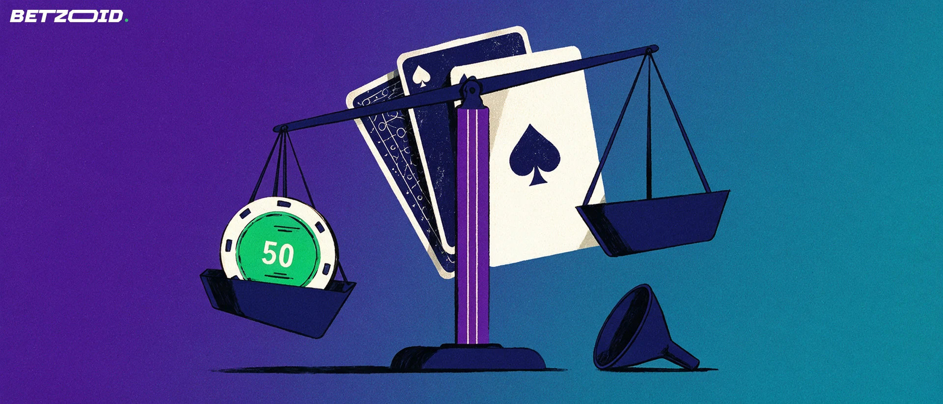 Ilustración de una balanza donde el platillo con una ficha de casino marcada con 50 pesa más que el platillo vacío, con cartas de juego detrás.