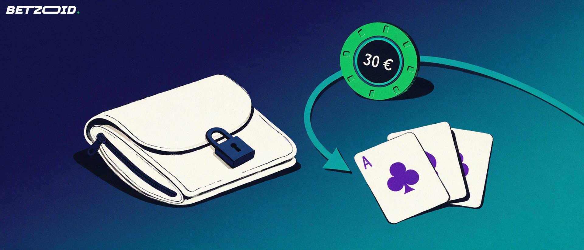 Illustration einer verschlossenen Geldbörse, von der kein Geld abgeht, während ein grüner Casino-Jeton mit der Aufschrift 30 € über einen Pfeil zu einem Kartenfächer gelangt.