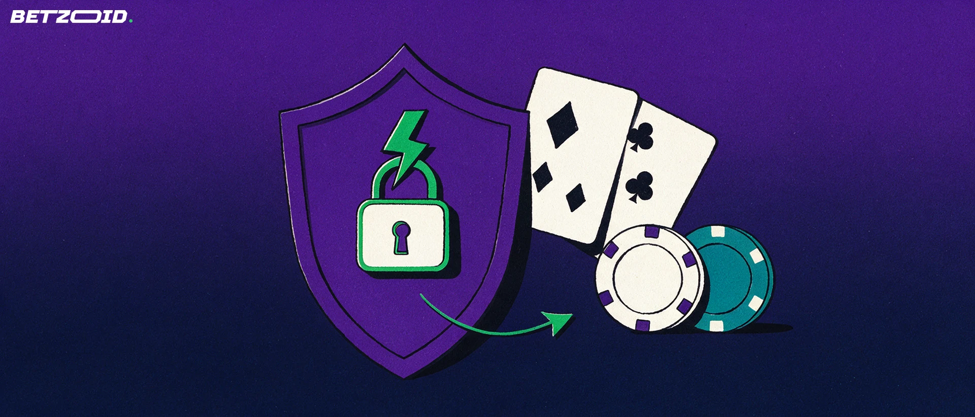 Illustration eines Schildes mit Vorhängeschloss und Blitz, daneben Casino-Chips und Spielkarten mit Pfeil.