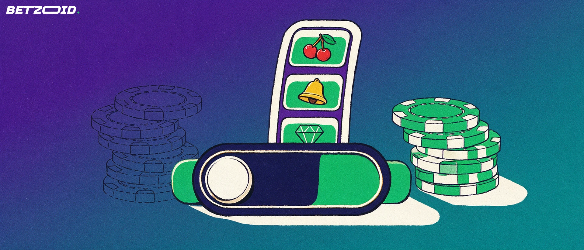 Ilustração de um interruptor entre fichas de casino desenhadas a tracejado e fichas sólidas, com um rolo de slot ao fundo.