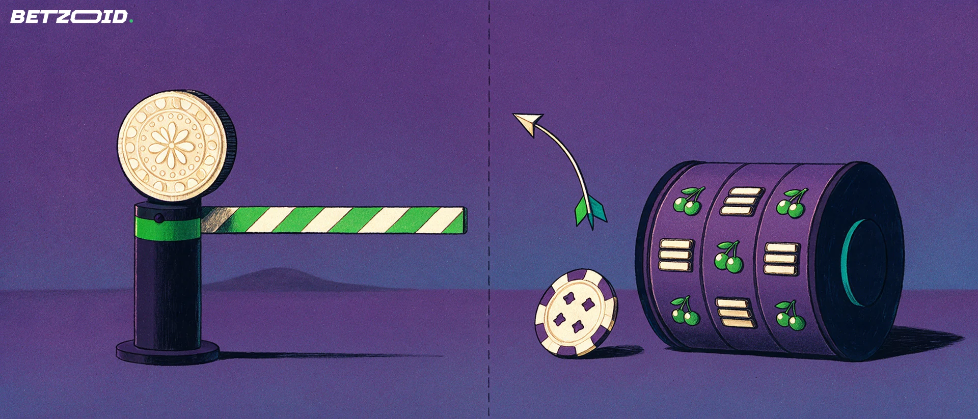 Illustration af en stiplet grænselinje med en bom og et myndighedsstempel på den ene side og en spilleautomat-hjulrulle med en jeton på den anden side.