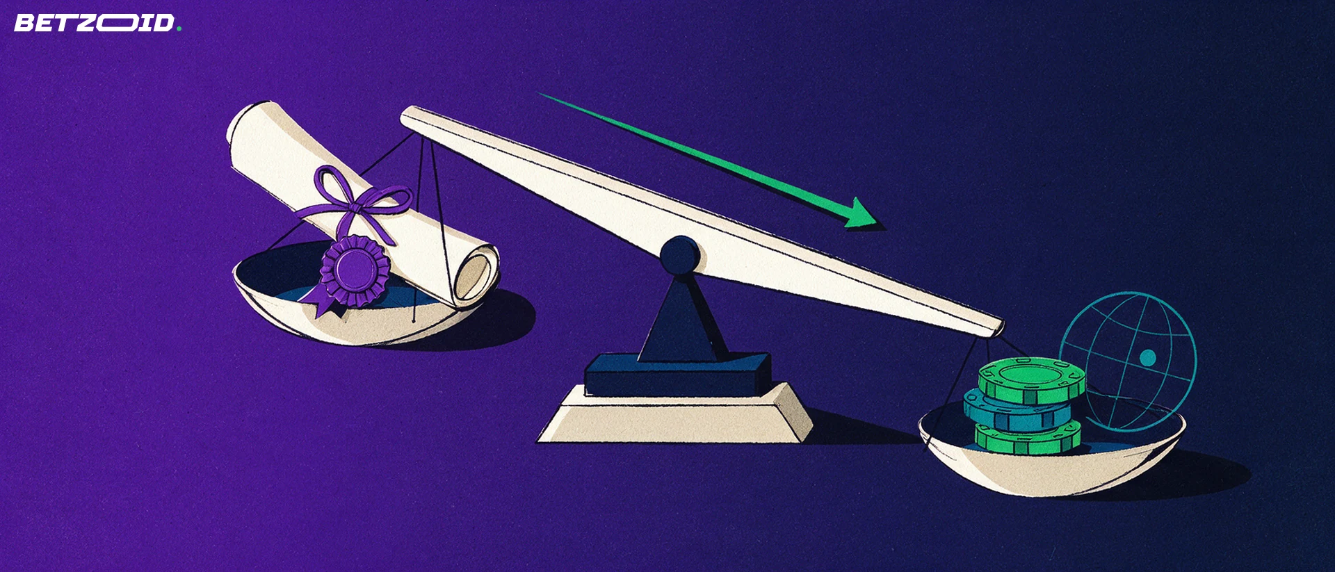 Illustration einer Waage: links eine gerollte Lizenzurkunde mit Siegel, rechts ein Stapel Spielchips neben einer Weltkugel, die Waage neigt sich nach rechts.