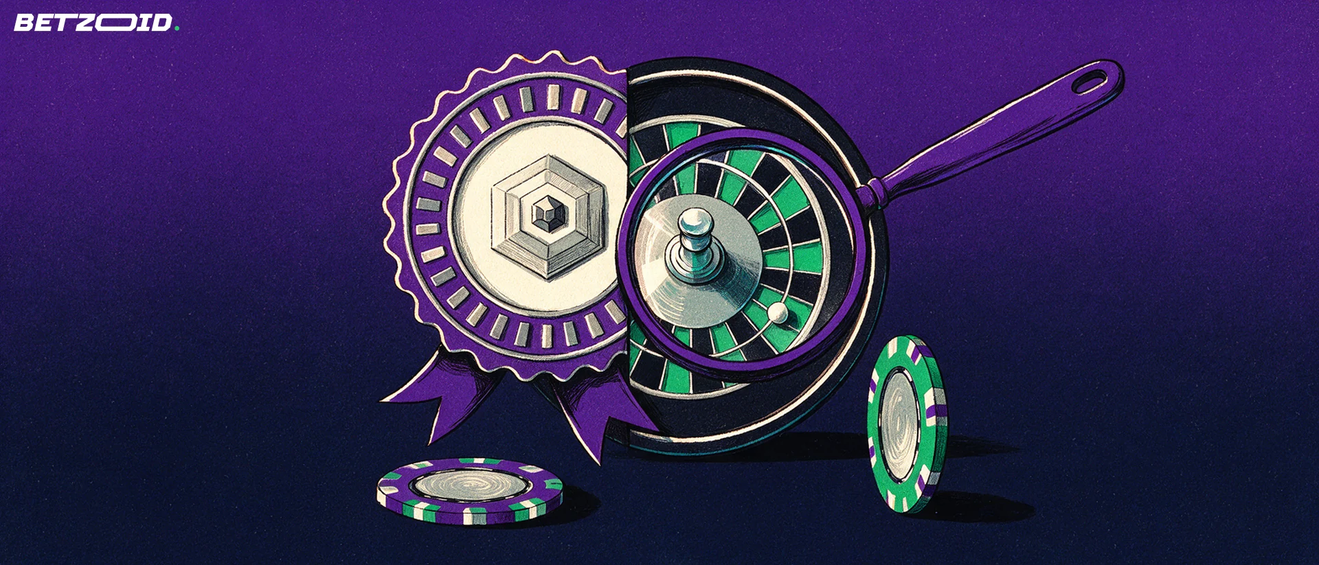 Illustration einer runden Scheibe, deren linke Hälfte ein geprägtes Siegel und deren rechte Hälfte ein Roulettekessel ist, darüber eine Lupe und darunter zwei Spielchips.