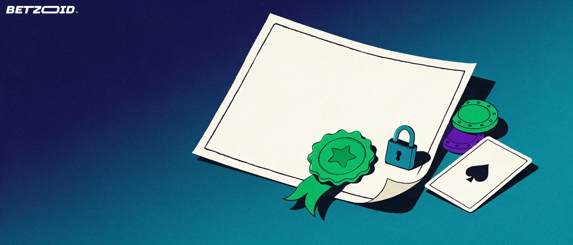 Illustratie van een blanco vergunningsdocument met groen zegel, een gesloten hangslot, twee casinofiches en een speelkaart met schoppensymbool.
