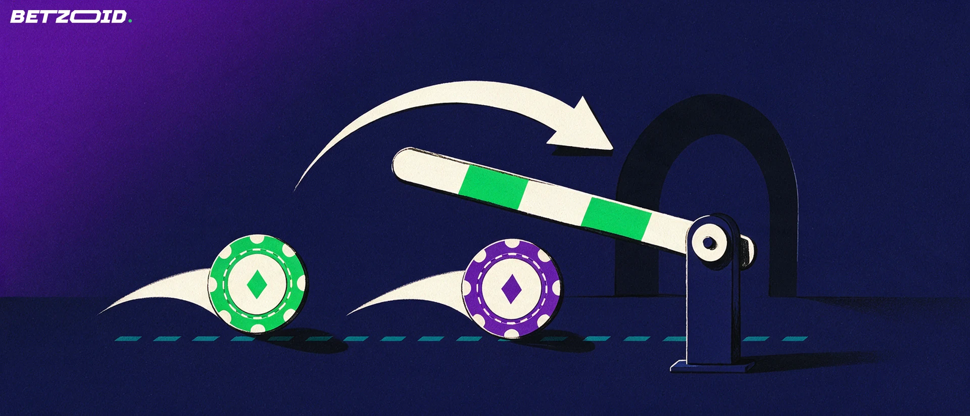 Illustratie van een geopende slagboom bij een stippellijn waar twee casinofiches overheen rollen, met een pijl die de richting aangeeft.