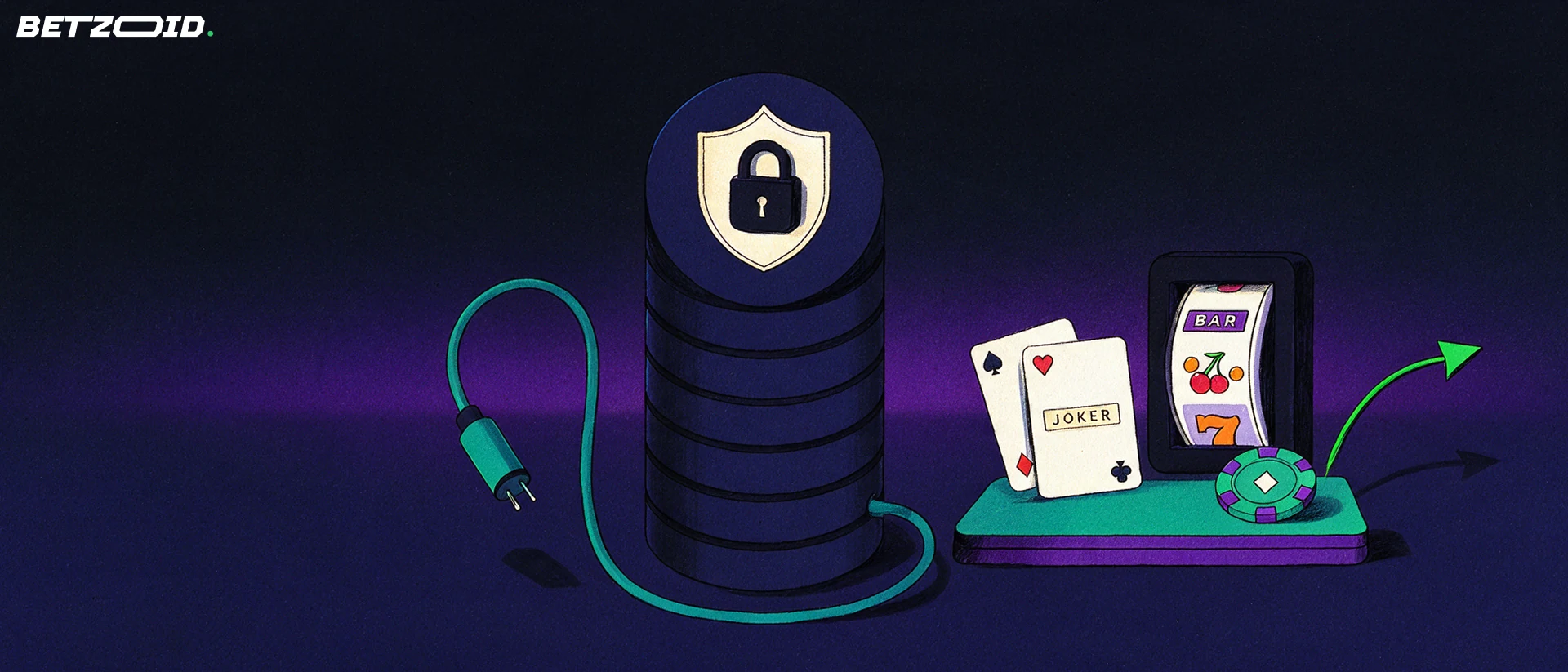 Illustration eines verschlossenen Datenspeichers mit Schild- und Schlosssymbol, dessen Kabelstecker getrennt daneben liegt, während Spielkarten, Slot-Walze und Chip abseits stehen.