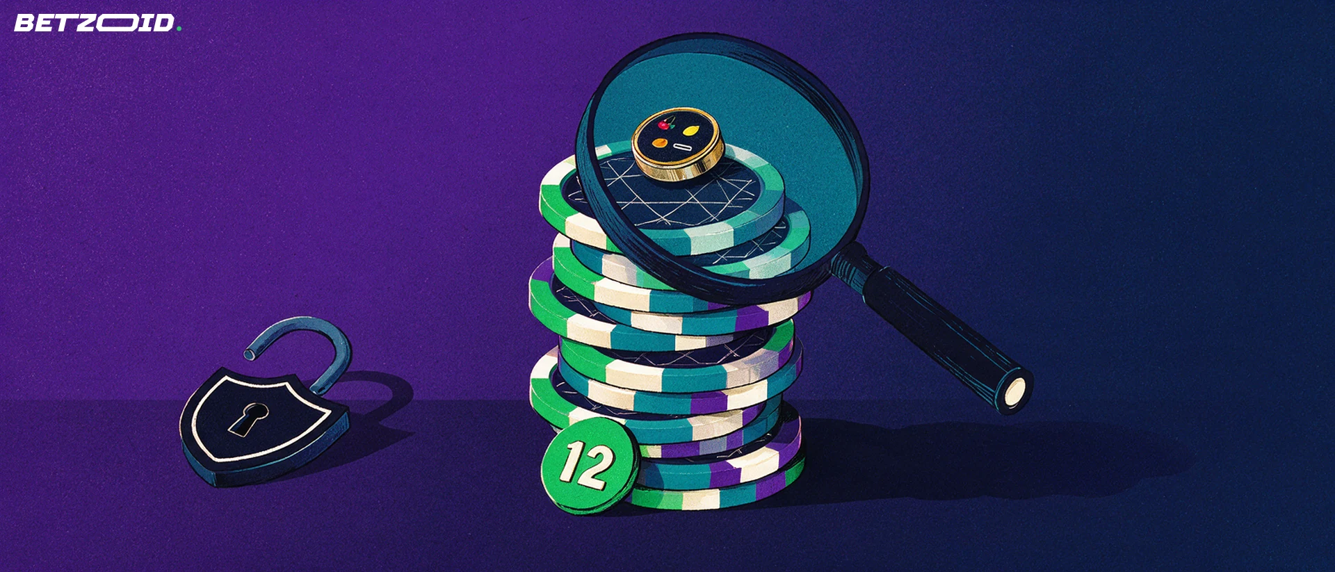 Illustration eines Stapels aus zwölf Casino-Chips mit Slot-Walzen-Marke, einer Lupe, einem kleinen Abzeichen mit der Zahl 12 und einem geöffneten Schild-Schloss daneben.
