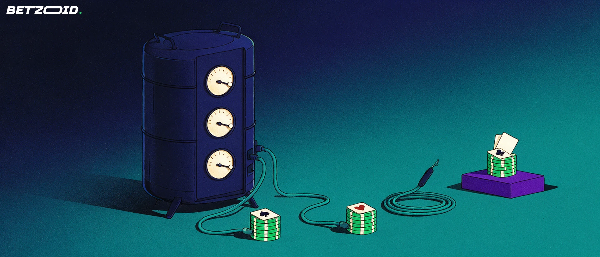 Illustration eines Registerschranks mit Limit-Anzeigen, der über Kabel mit zwei Casino-Chipstapeln verbunden ist, während ein dritter Chipstapel mit Spielkarten daneben steht und sein Kabel nicht eingesteckt ist.