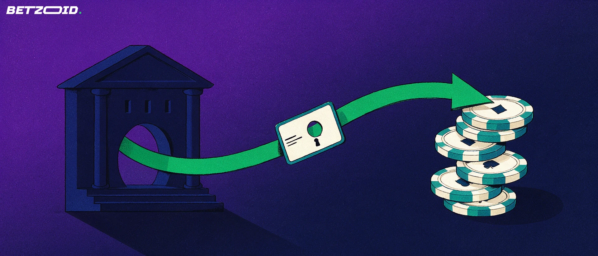 Illustration einer Bankfassade, aus deren Portal ein grüner Pfeil zu einem Stapel Casino-Chips führt; auf dem Pfeil liegt eine Schlüsselkarte.