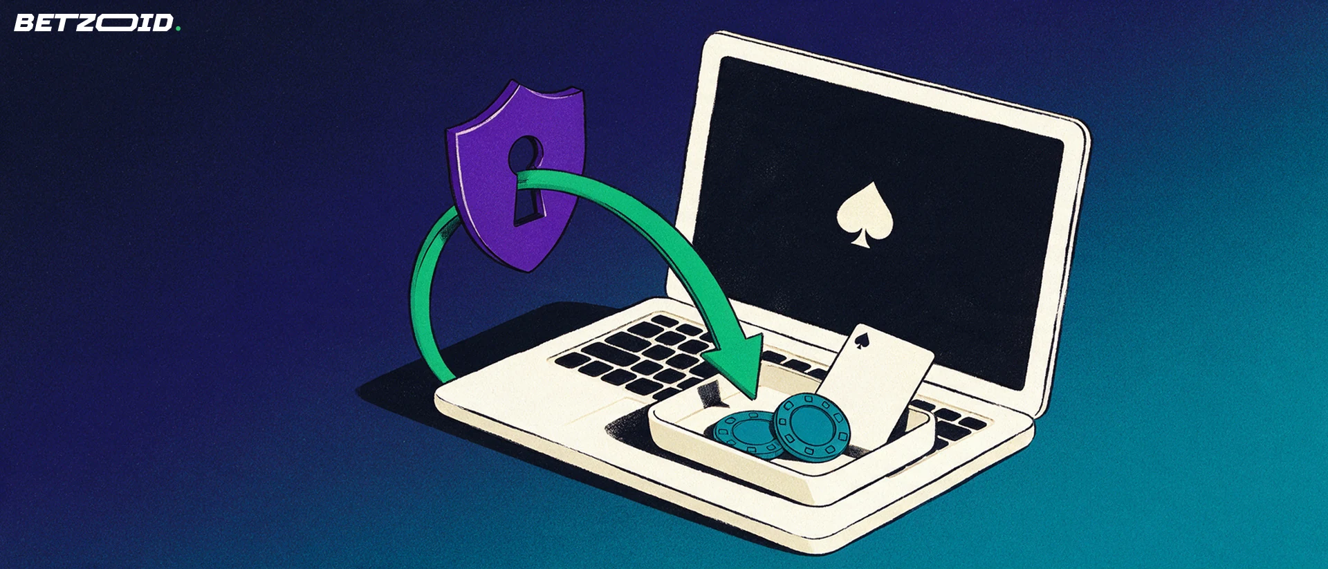 Illustration eines Laptops mit Spielkartensymbol auf dem Bildschirm, daneben ein grüner Pfeil durch ein Schild mit Schlüsselloch zu Chips und einer Spielkarte.