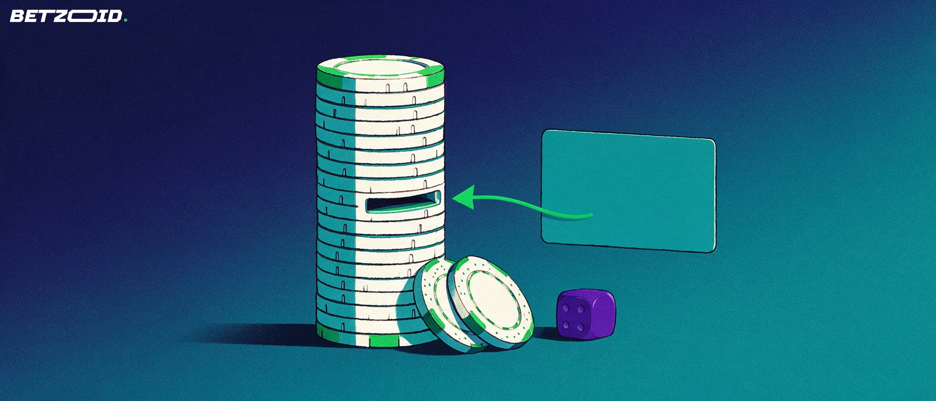 Ilustração de um cartão pré-pago sendo inserido em uma fenda de depósito em uma pilha de fichas de cassino, com seta indicando o envio do valor.