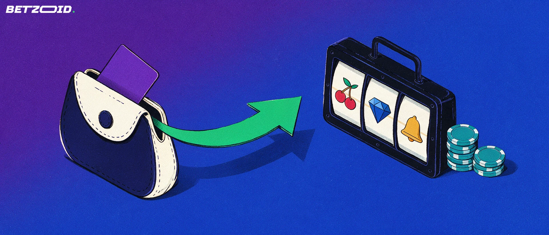Ilustração de uma carteira digital com cartão pré-pago e uma seta apontando para a janela de um caça-níqueis com símbolos e fichas.