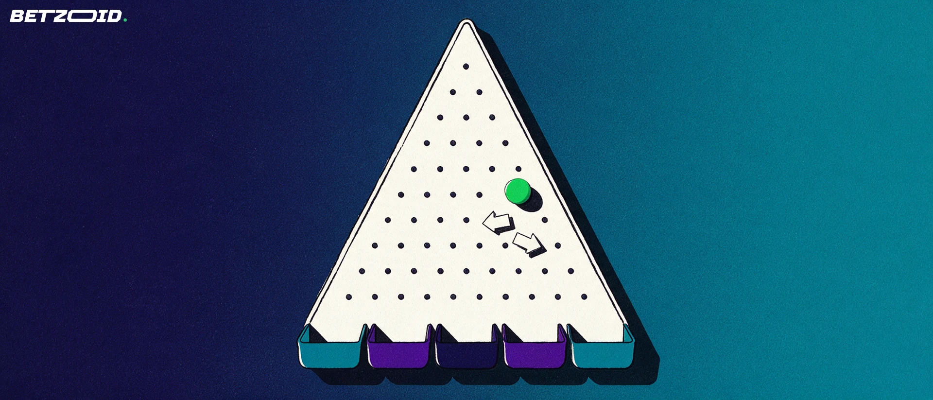 Ilustração de um tabuleiro de Plinko triangular com pinos escuros, uma bola verde caindo entre eles e cinco compartimentos coloridos na base.