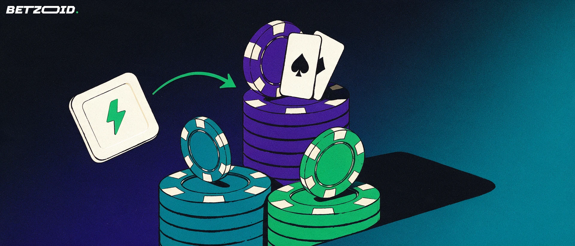 Ilustração de um pódio de três degraus feito de fichas de cassino, com cartas de baralho no degrau mais alto e uma seta verde saindo de uma carteira digital com raio.