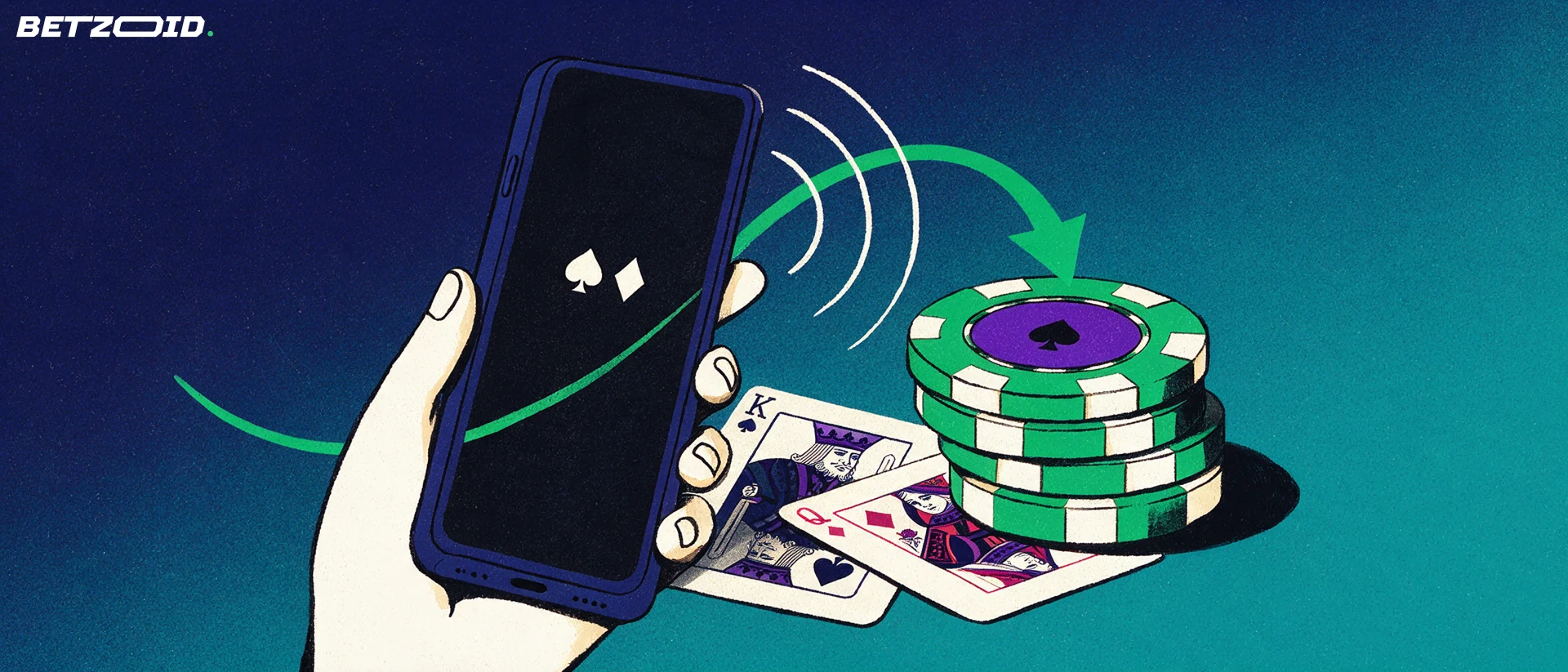 Illustration of a smartphone sending contactless payment arcs into a casino chip stack beside two playing cards.
