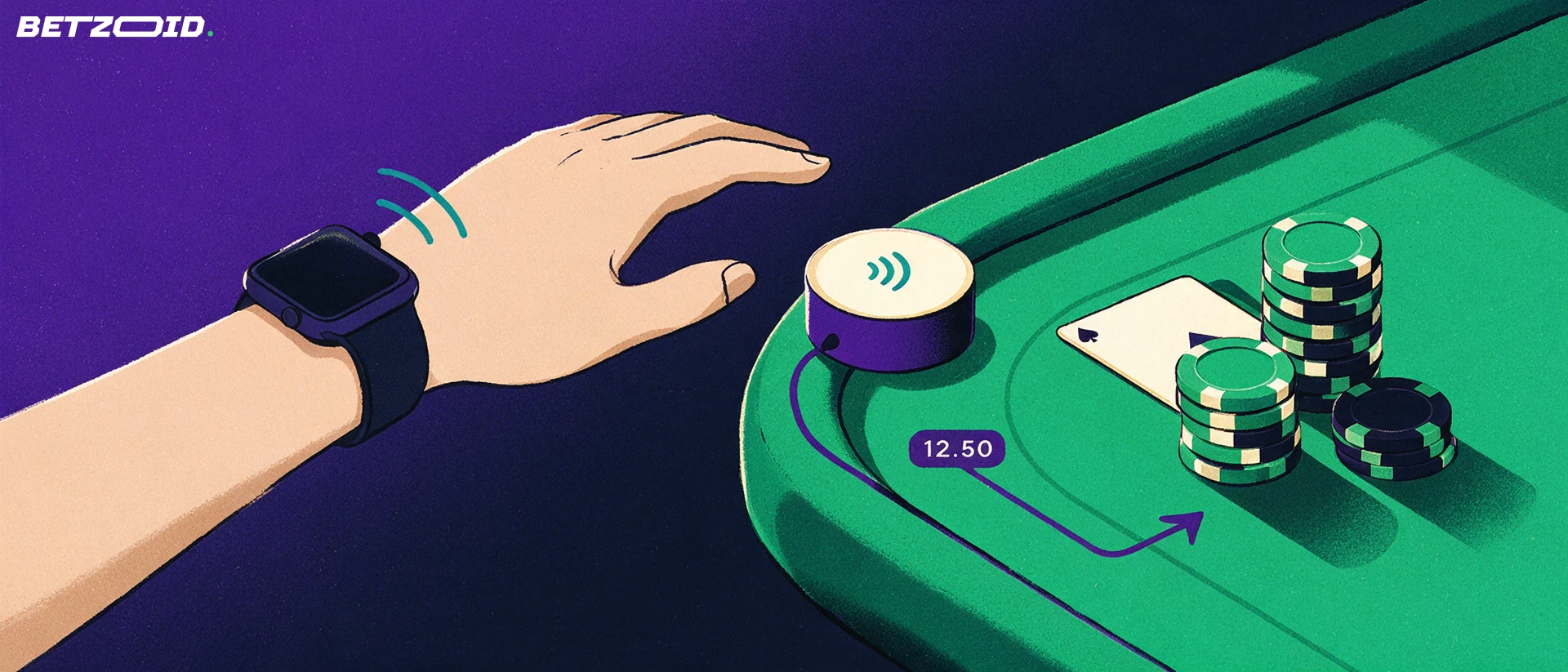 Illustration of a smartwatch tapping a contactless reader on the rail of a card table with chips.