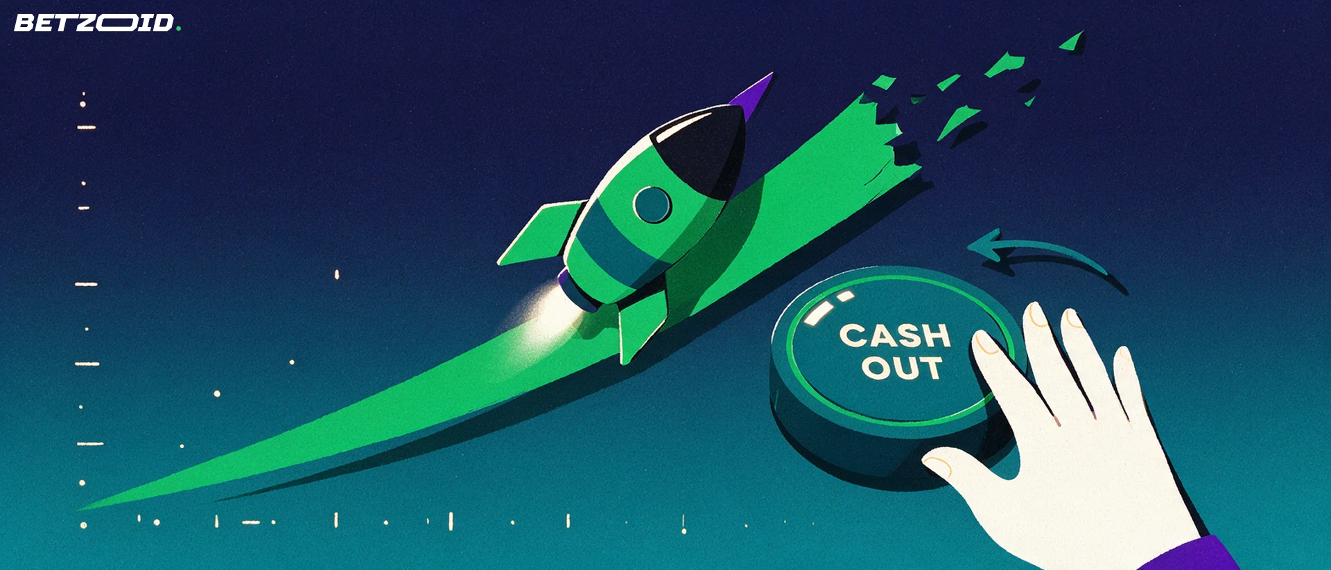 Illustration einer Rakete, die entlang einer steil ansteigenden grünen Kurve fliegt, die abrupt abbricht, während eine Hand einen runden Auszahlungsknopf drückt.