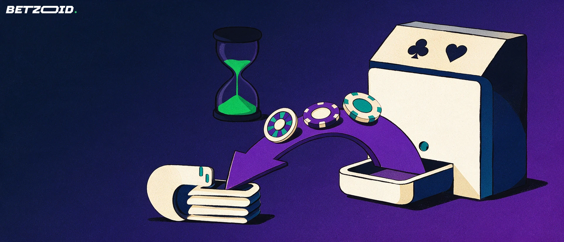 Illustration eines Auszahlungsvorgangs: Chips und ein Roulette-Token fließen über einen Pfeil von einem Kassenterminal zurück in eine digitale Geldbörse, daneben eine Sanduhr.